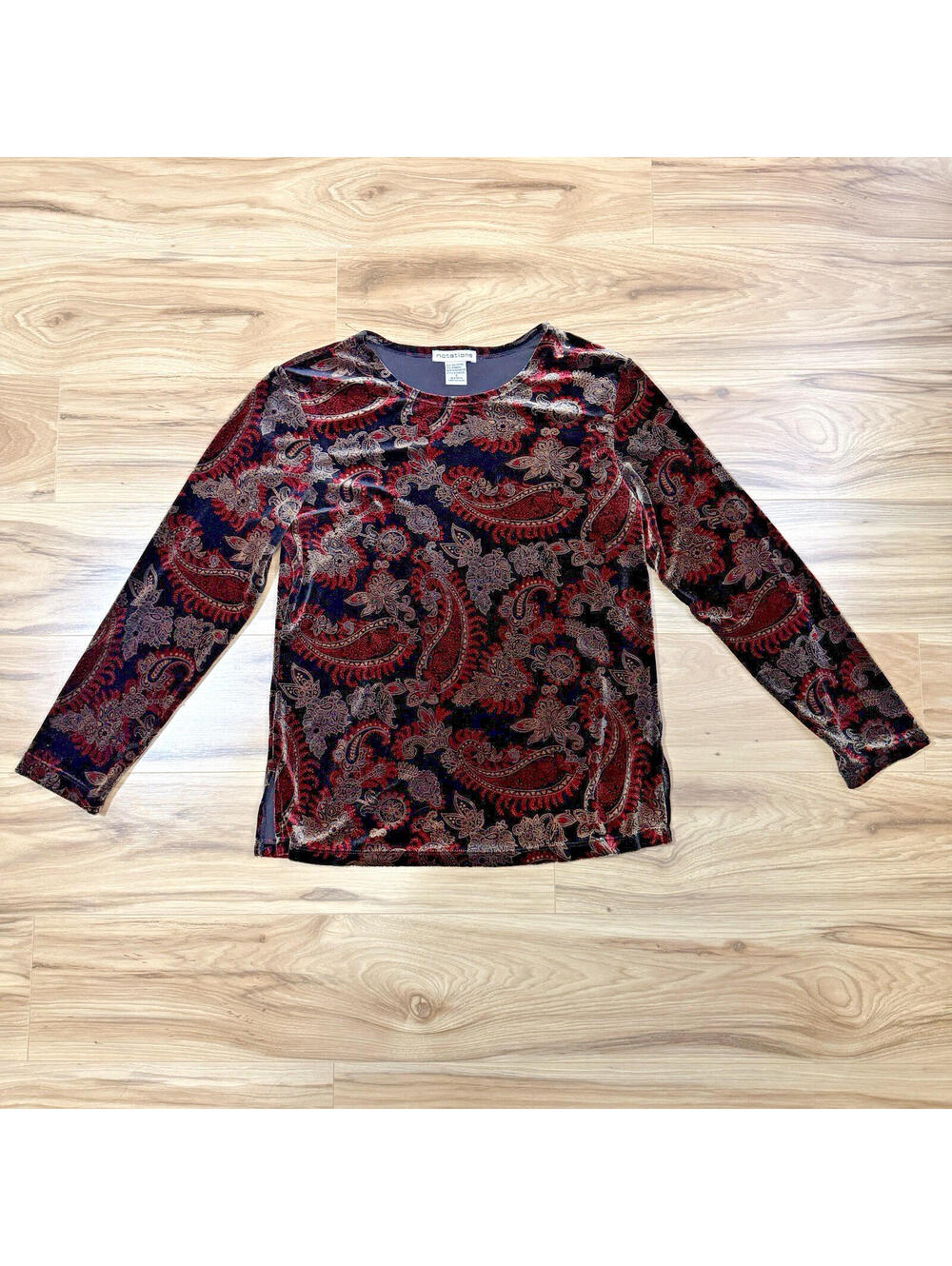 Notations Velvet Paisley Long Sleeve Top Whimsigoth Grunge Y2K Small Black Red